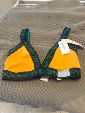 Calvin Klein Yellow Triangle Bralette with Teal Logo Trim NWT medium